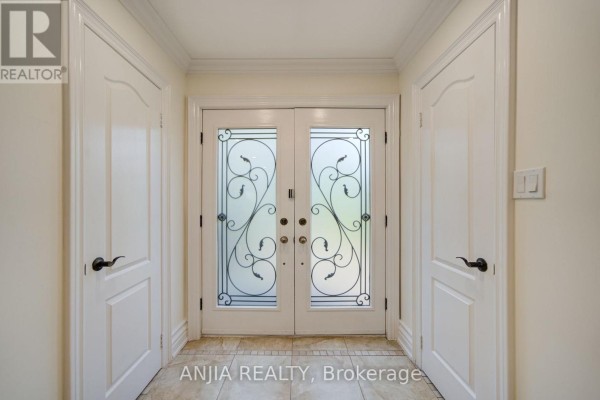 Interior view of the double glass front doors in a hallway with cream walls. - 8 Calderbridge Crescent, Markham