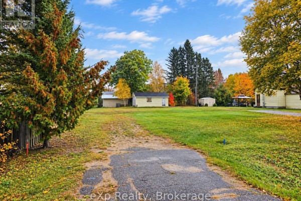 View from a cleared lot with trees and fallen leaves towards a small white building. - 8 Cedar Court, South River