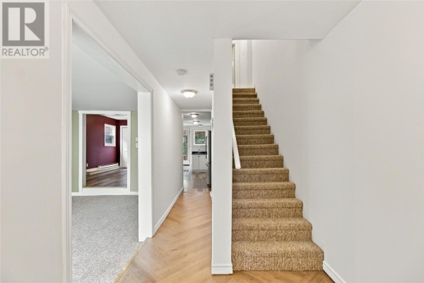 Interior hallway with a carpeted staircase, herringbone wood flooring, and doorways leading to other rooms. - 8 Charlton Street, St  John S