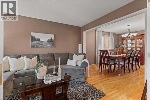 Living room with a dark grey sectional sofa and adjacent dining room. - 8 Cochrane Avenue, Brampton