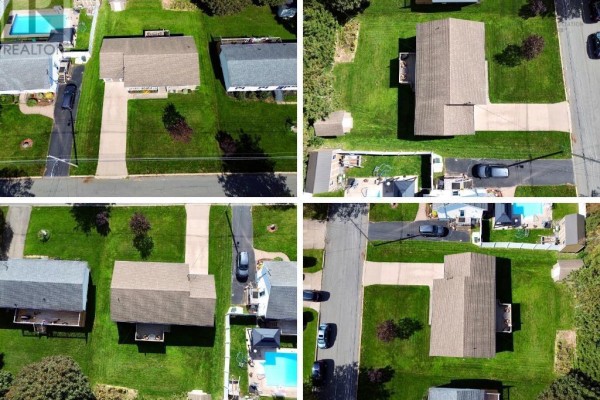 Aerial views of the property showing the duplex, backyard, driveway, and surrounding homes. - 8 Fletcher Drive, Amherst