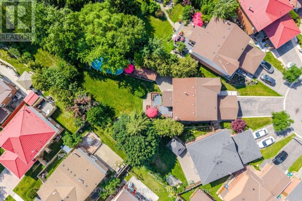 Overhead view of backyards with swimming pools, patios, and lush green trees. - 8 Paramount Place, Brampton