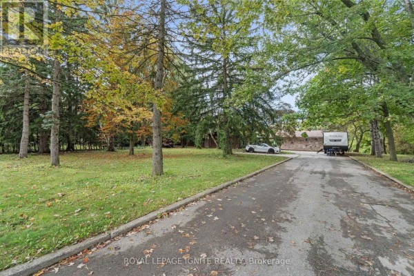Driveway leading to a house with RV parking, surrounded by mature trees and green grass. - 8 Ridgevale Drive, Markham