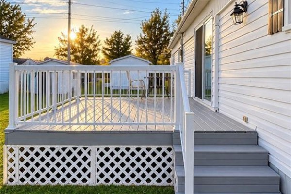 View of the large rear deck with steps leading down to a grassy yard. - 8 Tait Crescent, Moncton