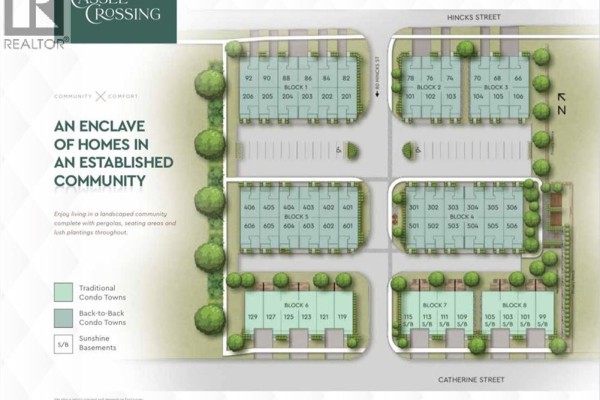 Floor plan for 'The Waterwheel' end unit townhome, showing three levels with garage and bedrooms. - 80-501 Hincks Street, New Hamburg