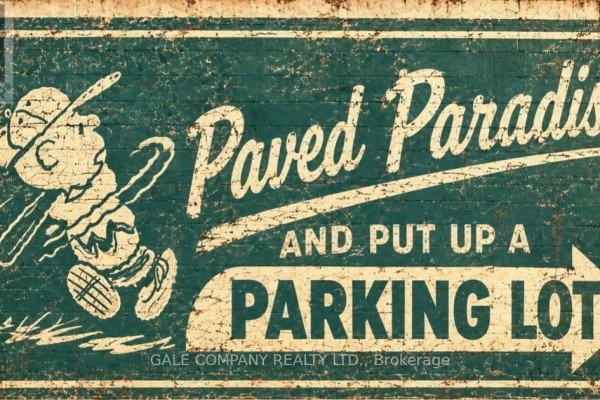 Vintage sign with cartoon character and text reading 'Paved Paradise and Put Up a Parking Lot'. - 80 High Street, Mississippi Mills