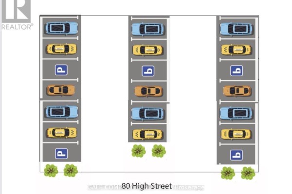 Diagram of a parking lot layout with 16 vehicles, including taxis and standard cars. - 80 High Street, Mississippi Mills