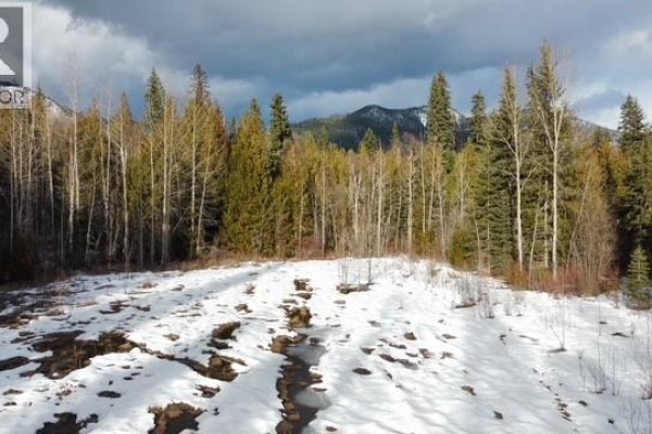 Open land with snow, trees, and distant mountains under a cloudy sky. - 801 Bobbie Burns Road, Lumby