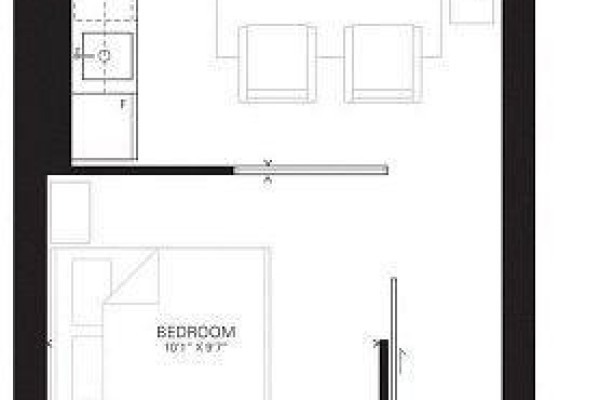 Floor plan of a studio apartment showing a kitchen, living area, and bedroom. - 803 - 17 Dundonald Street, Toronto