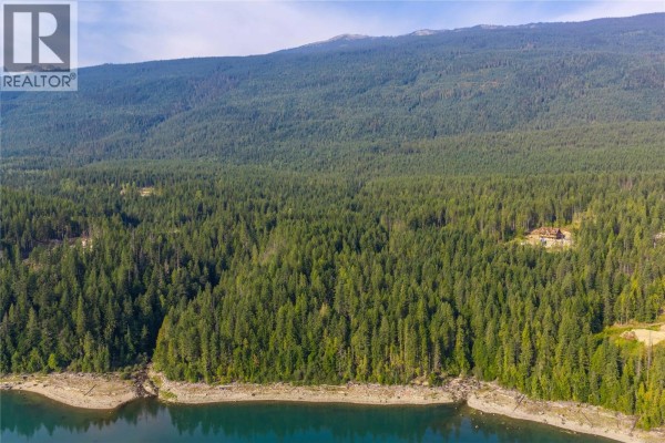 Expansive aerial view of a wooded hillside property with a lake in the foreground and distant mountains. - 8044 23 South Highway, Revelstoke