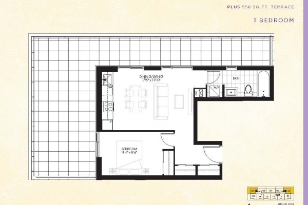 Floor plan for a 1-bedroom apartment with a large terrace. - 805 - 700 Sheppard Avenue W, Toronto
