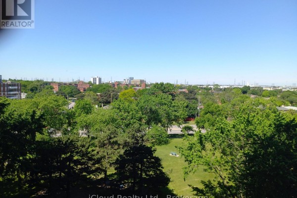 View of green trees and buildings from an apartment window on a clear day. - 806 - 390 Dixon Road, Toronto