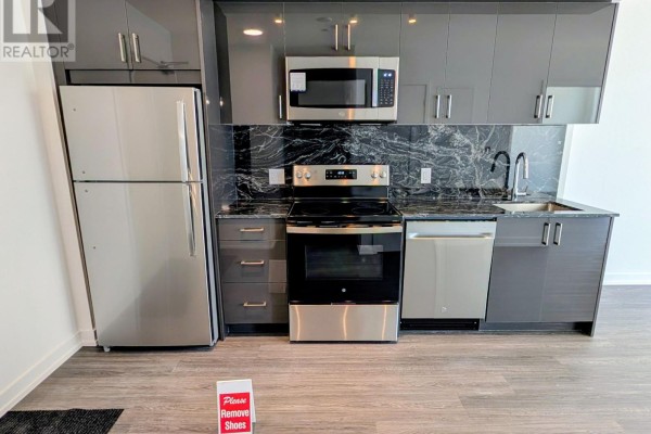 Modern kitchen with stainless steel appliances, grey cabinets, and marble backsplash. - 807 - 4010 Eglinton Avenue W, Toronto