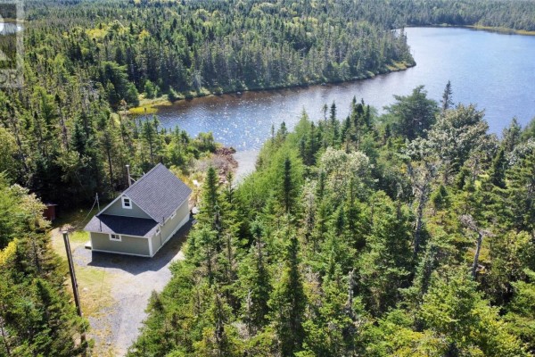 Aerial view of the grey house, driveway, and surrounding evergreen forest next to a tranquil lake. - 81 Strayaway Road, Blaketown