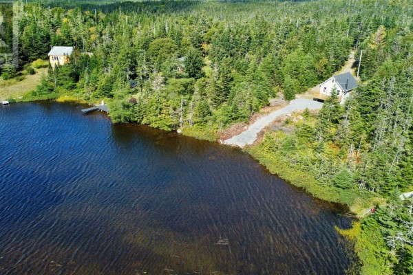 Aerial view showing the lake, a small dock, and two buildings amidst a dense forest. - 81 Strayaway Road, Blaketown