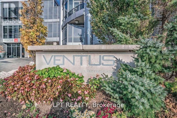 Stone monument sign for 'VENTUS AT METROGATES' with surrounding landscaping and trees. - 812 - 181 Village Green Square, Toronto
