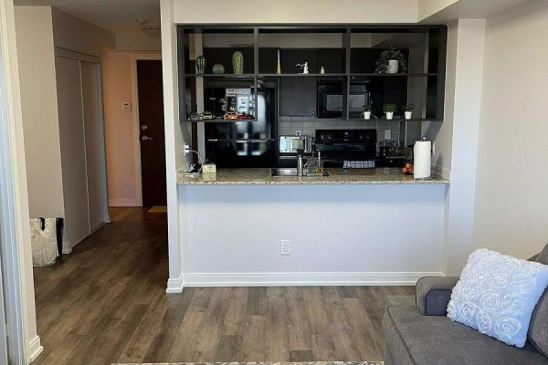 Open concept kitchen with dark cabinets, black appliances, and granite countertop viewed from living room. - 812 - 181 Village Green Square, Toronto