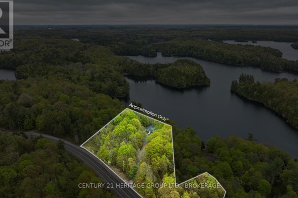 Aerial view of an open-concept living room with a stone fireplace and high ceilings. - 8126 Perth Road, South Frontenac