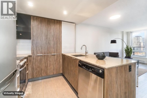 Kitchen with dishwasher, sink, granite countertop, and view of living room. - 813 1088 Richards Street, Vancouver