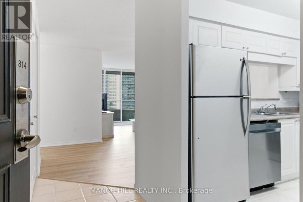 View of kitchen with stainless steel appliances and hallway leading to living area. - 814 - 11 Townsgate Drive, Vaughan