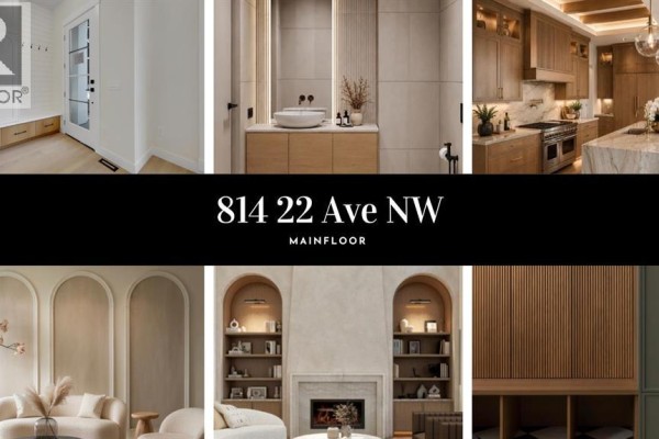 Collage of main floor rooms: entryway, powder room, kitchen, living area, and closet. - 814 22 Avenue Nw, Calgary