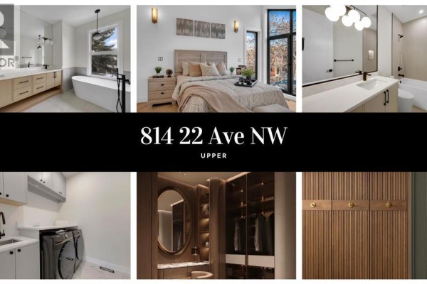 Collage of upper floor rooms: bathroom, primary bedroom, ensuite bathroom, and laundry room. - 814 22 Avenue Nw, Calgary