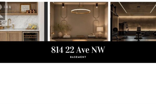 Collage of basement rooms: wet bar, hallway with art, and home gym. - 814 22 Avenue Nw, Calgary