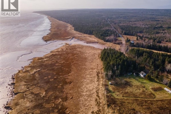 Aerial view of coastline with marshland and forest, showing a distant residential area. - 814 Route 935, Wood Point
