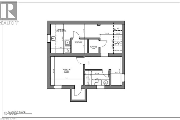 Blueprint of the basement level showing a bedroom, laundry/kitchenette, furnace room, storage, and washroom. - 82 Norfolk Avenue, Cambridge