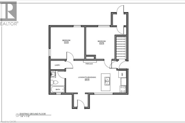 Blueprint of the existing ground floor with two bedrooms, laundry, bath, living/kitchen/dining area, and fireplace. - 82 Norfolk Avenue, Cambridge