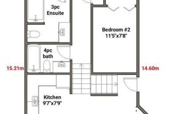 Floor plan showing a kitchen, 4pc bath, 3pc ensuite, and Bedroom #2. - 82 Riverglen Drive Se, Calgary