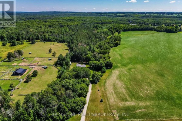 Aerial view of a rural property with a house, adjacent farmland, pastures, barns, and wooded areas. - 8231 56 County Road, Essa