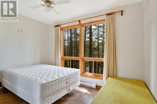 Bedroom with two beds, wooden window frame, and view of pine trees. - 83 Chapel Road, Madawaska Valley