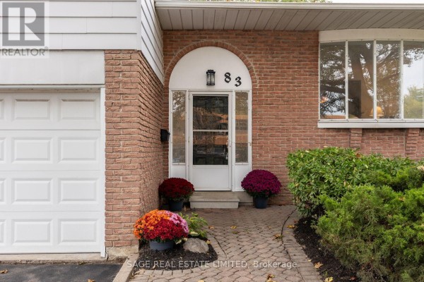 Close-up of arched front entryway with brick facade, white door, and plants. - 83 Waverley Road, Clarington