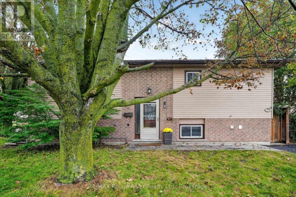 Front exterior of a house with a brown brick lower level and beige siding, featuring a paved walkway and large tree. - 830 Ewing Court, Cobourg
