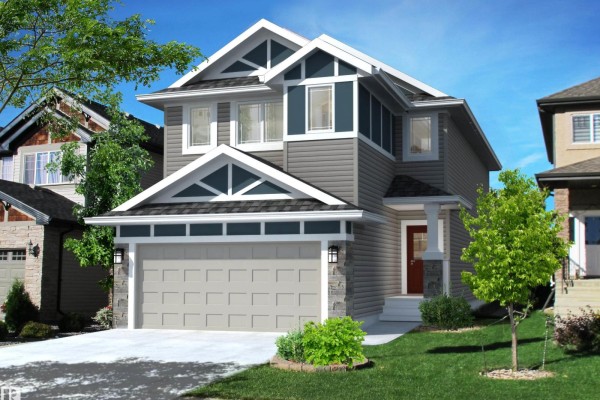 Exterior of a two-story house with grey siding, blue trim, a double garage, and green lawn. - 8303 Kiriak Lo Sw, Edmonton