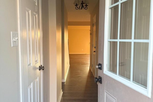 View from inside an open front door looking down a hallway with two white doors. - 84 - 355 Fisher Mills Road W, Cambridge