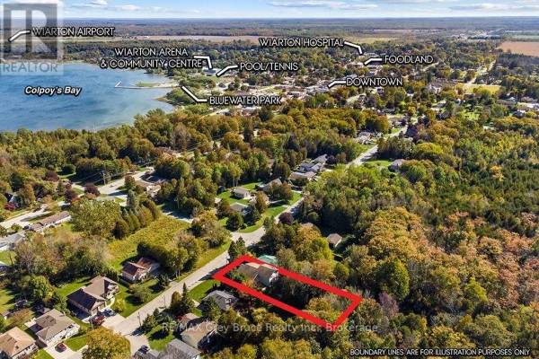 Aerial view of a residential neighborhood and surrounding amenities with labels. - 840 Mcnaughton Street, South Bruce Peninsula
