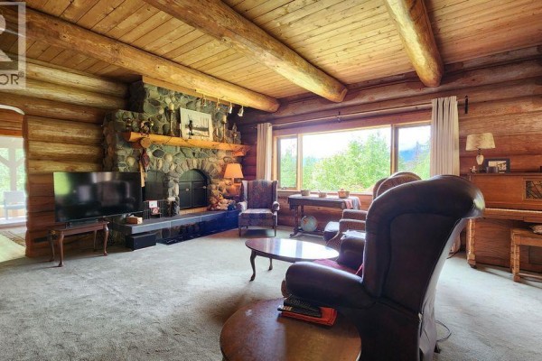 Living room featuring a stone fireplace, television, log walls, and large window. - 8470 Red Mountain Road, Silverton