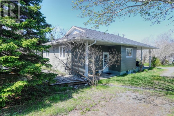 Front corner of the house with a porch, grey siding, and large evergreen tree. - 85 Airport Road, St  John S