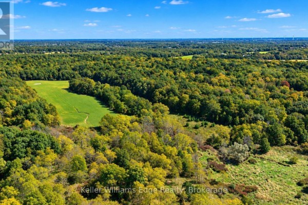 Expansive aerial view of dense green forest and fields under a clear blue sky. - 85 Pike Creek Drive, Haldimand