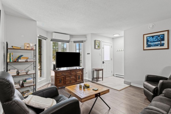 Living room showing gray sofa, black leather recliner, TV, and entrance hallway with white door and shelving unit. - 850 Boul. St-rené O., #2, Gatineau
