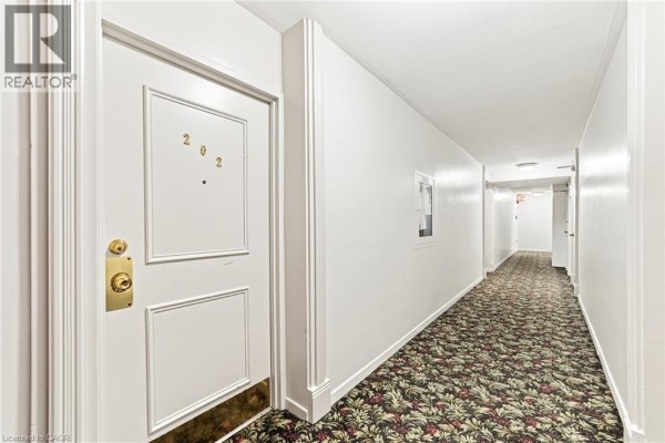 Hallway inside apartment building with white walls, white doors, and patterned carpet. - 851 Queenston Road Unit# 202, Hamilton