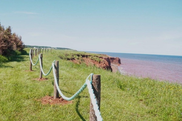 Grassy path with wooden posts and rope railing along a cliff overlooking the ocean. - 8519 Route 14, Campbellton