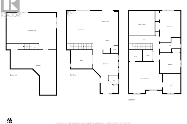 Floor plan with basement, 1st floor (living room, kitchen, office) and 2nd floor (bedrooms, laundry) - 857 Cologne Street Russell