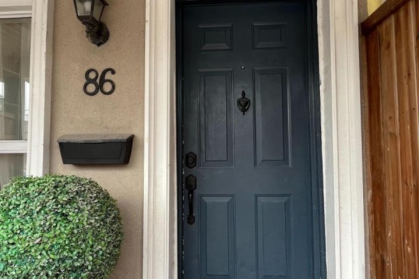 Blue front door with black hardware, house number 86, and mailbox. - 86 Carlaw Avenue, Toronto