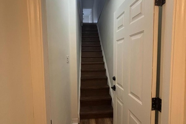 Hallway entrance to a narrow wooden staircase with white doors on the right. - 86 Carlaw Avenue, Toronto