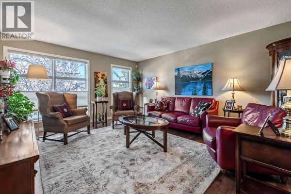 Living room with a large area rug, red leather sofa, armchair, and coffee table. - 86 Walden Crescent Se, Calgary