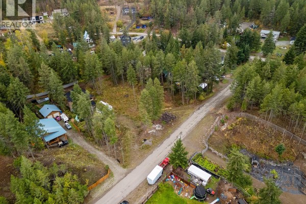 Wide aerial shot of multiple houses nestled among evergreen trees and a winding dirt road. - 861 Balsam Road, Fintry