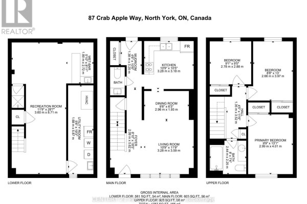 Floor plan for a three-story townhouse at 87 Crab Apple Way, Toronto. - 87 Crab Apple Way, Toronto